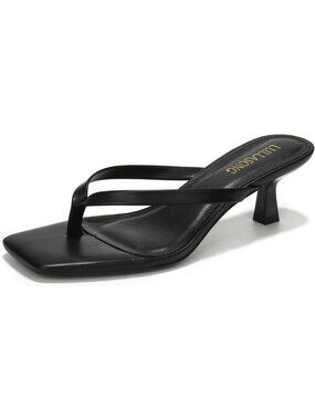 Women's Kitten Heel Black Sandal Square Open Toe Flip Flop Thong Heeled Shoes